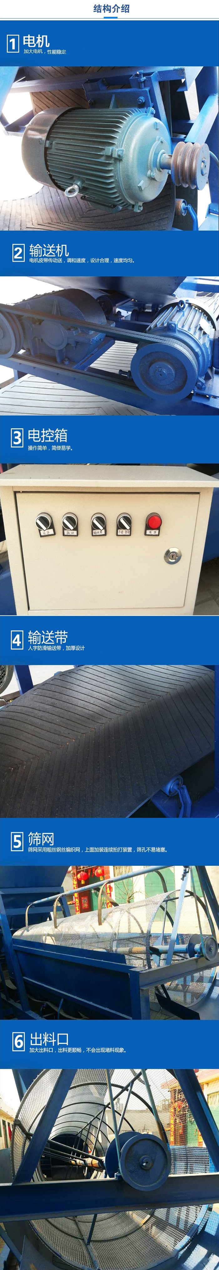 移動(dòng)篩沙機(jī)結(jié)構(gòu):電機(jī)，加大電機(jī)，性能相對(duì)比較穩(wěn)定。輸送機(jī)：電機(jī)皮帶傳動(dòng)送，調(diào)和速度，設(shè)計(jì)合理，速度均勻。電控箱：操作簡單，簡便易學(xué)。輸送帶：人字防滑輸送帶，加厚設(shè)計(jì)。篩網(wǎng)，采用粗絲鋼絲編織而成的篩網(wǎng)，上面加裝連續(xù)拍打裝置，篩孔不易堵塞。出料口：加大出料口，出料更順暢，不會(huì)出現(xiàn)堵料現(xiàn)象。