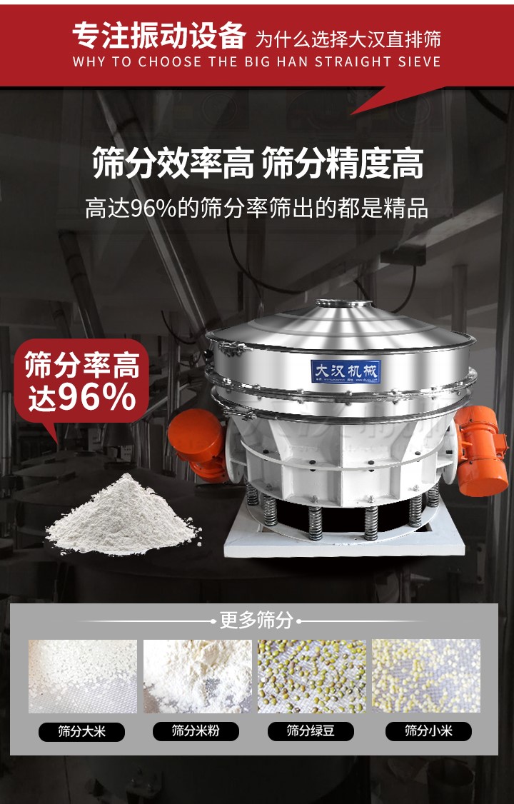 直排篩適用物料有面粉，淀粉，洗衣粉，金屬粉，添加劑，化工，非礦等行業(yè)。