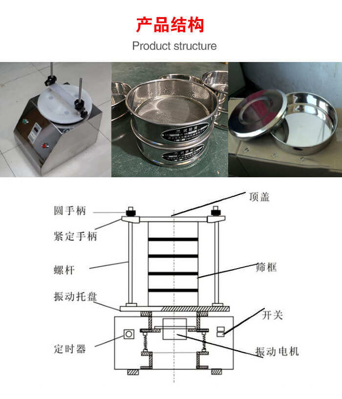 實驗室振動篩-試驗篩結構主要由：圓手柄，緊定手柄，螺桿，振動托盤，篩框，頂蓋等。